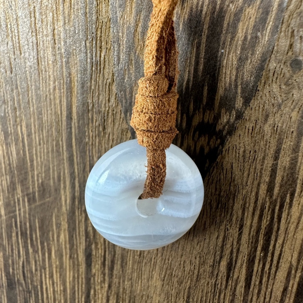 Small Banded White Agate Donut Pendant Necklace on Brown Suede - Picture 8 of 14